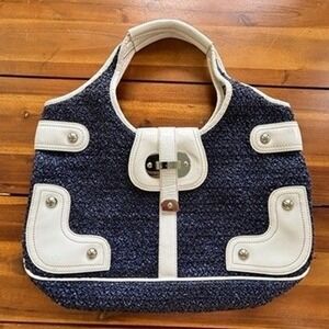 Rafe‎ New York Woven Fabric & Leather Satchel Handbag Navy White